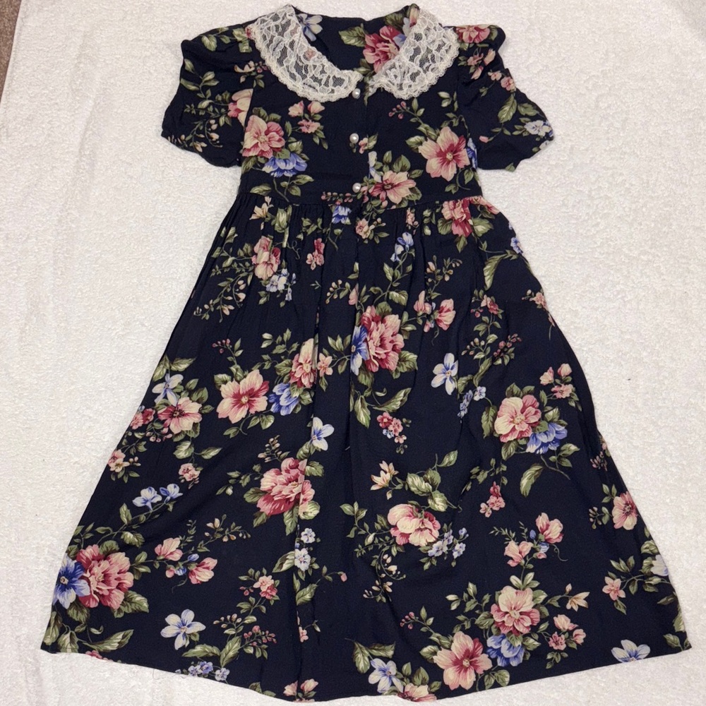 Vintage Fame Kids maxi Charming Floral shirt sleeve girls Dress Lace Collar 5
